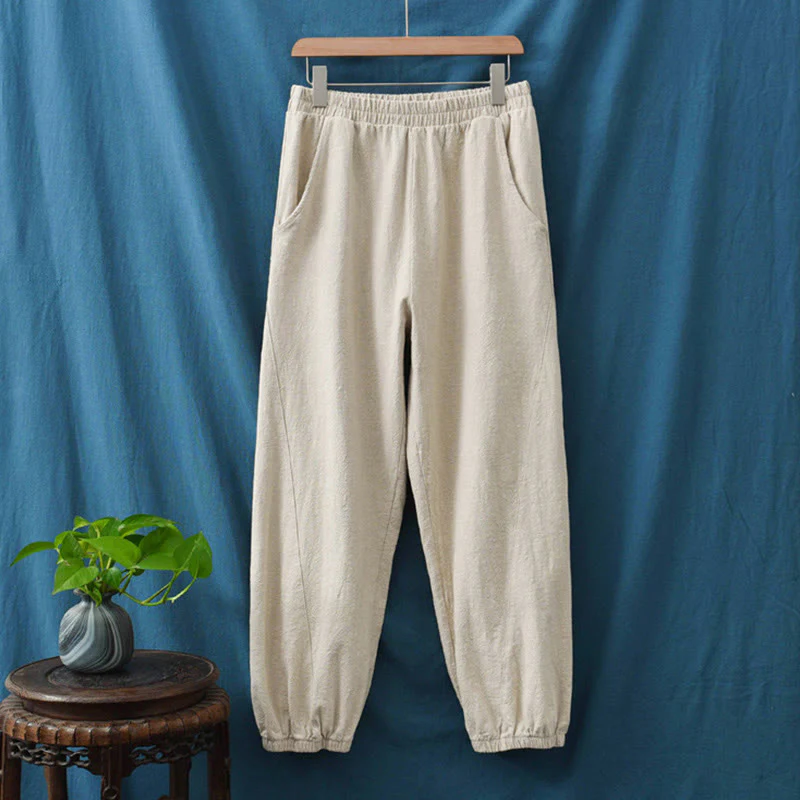 Pantaloni in cotone e lino ramiè tinta unita Buddha Stones con tasche - Image 14