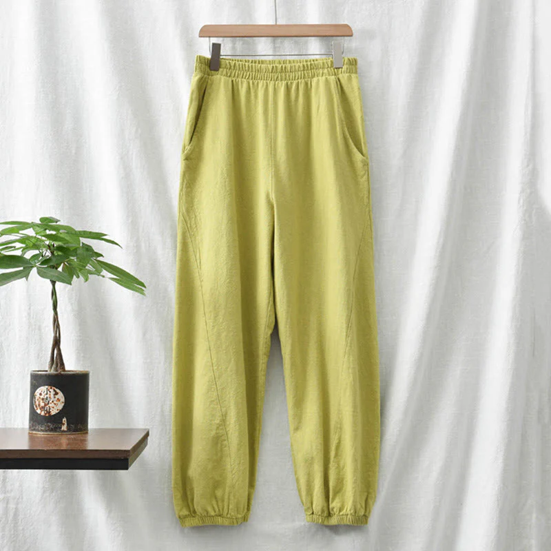 Pantaloni in cotone e lino ramiè tinta unita Buddha Stones con tasche - Image 23