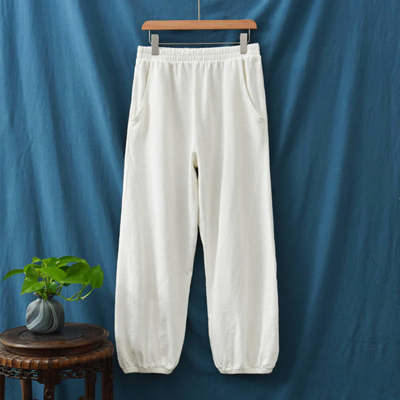 Pantaloni in cotone e lino ramiè tinta unita Buddha Stones con tasche - Image 34