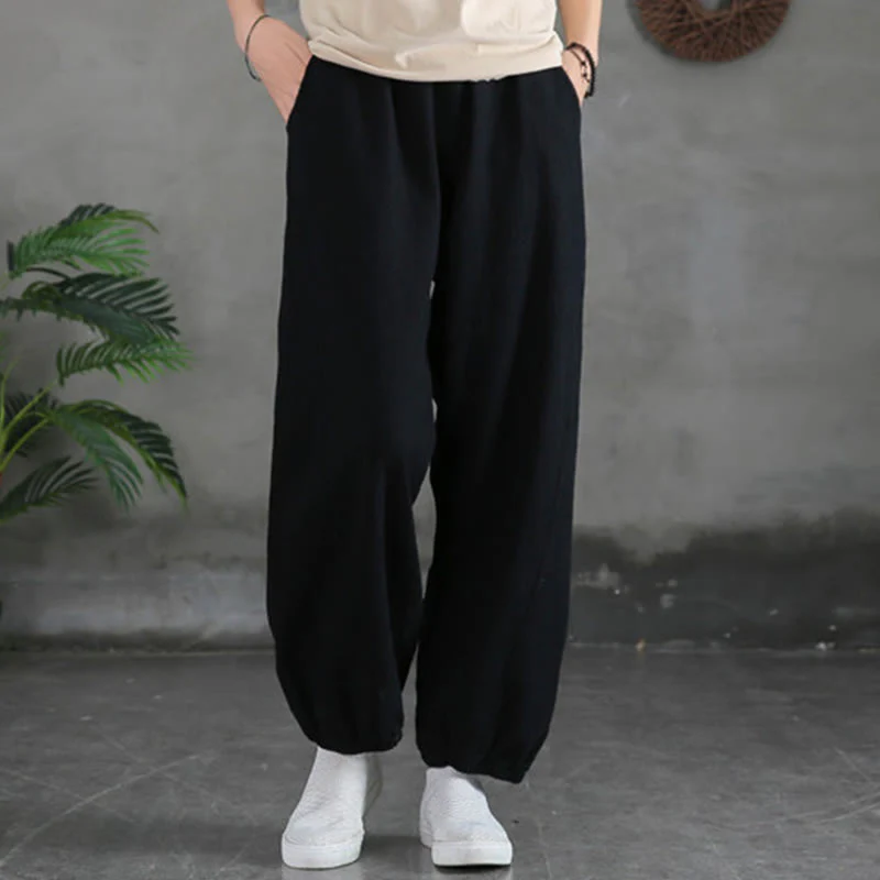 Pantaloni in cotone e lino ramiè tinta unita Buddha Stones con tasche - Image 35
