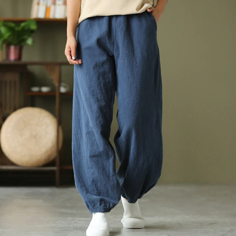 Pantaloni in cotone e lino ramiè tinta unita Buddha Stones con tasche - Image 42
