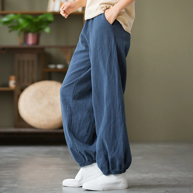 Pantaloni in cotone e lino ramiè tinta unita Buddha Stones con tasche - Image 44