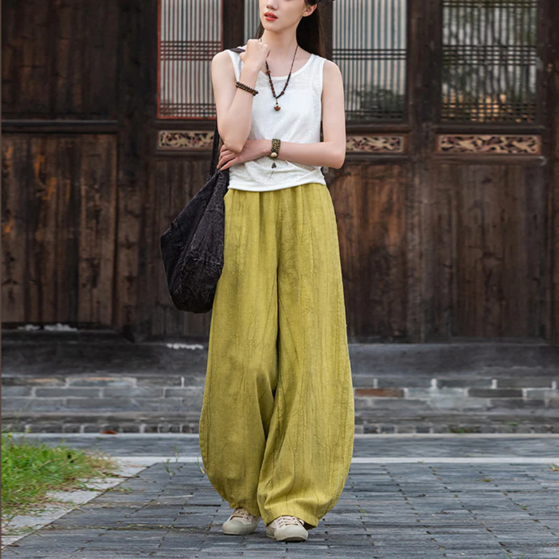 Pantaloni in lino e cotone ramiè Buddha Stones Pantaloni con design tie-dye Pantaloni larghi Zen Yoga da donna con tasche - Image 30