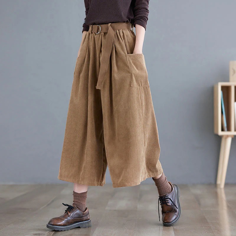 Pantaloni in velluto a coste da donna Buddha Stones Retro, a gamba larga, lunghezza 7-8, con tasche e cintura
