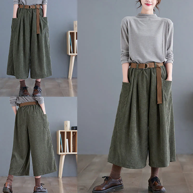 Pantaloni in velluto a coste da donna Buddha Stones Retro, a gamba larga, lunghezza 7-8, con tasche e cintura - Image 16