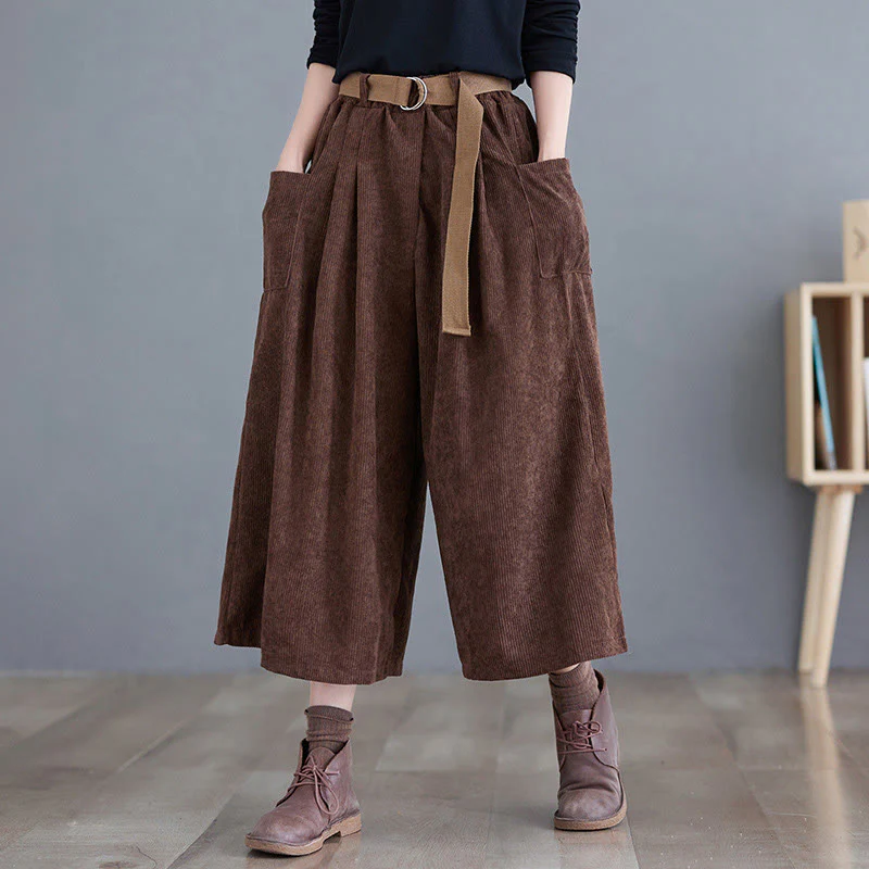 Pantaloni in velluto a coste da donna Buddha Stones Retro, a gamba larga, lunghezza 7-8, con tasche e cintura - Image 17