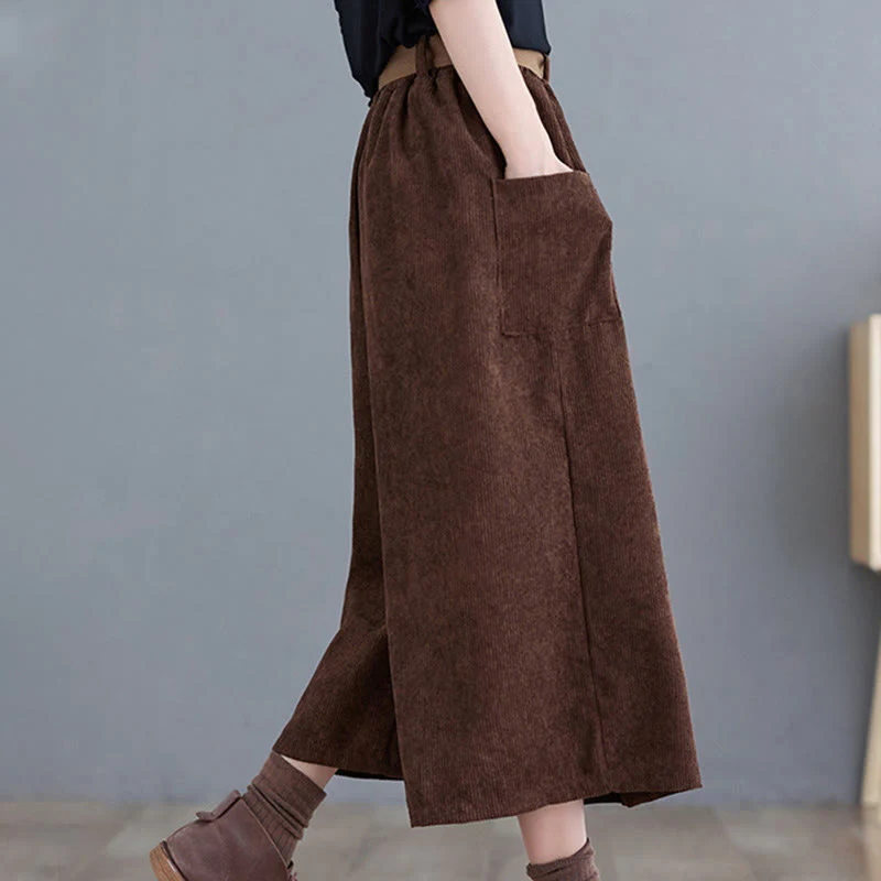 Pantaloni in velluto a coste da donna Buddha Stones Retro, a gamba larga, lunghezza 7-8, con tasche e cintura - Image 19