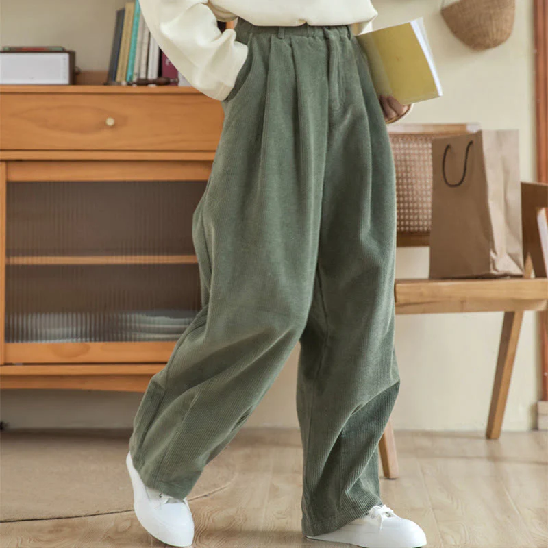 Pantaloni in velluto a coste di cotone con tasche e gamba larga, con cerniera e vita alta, da donna, Buddha Stones