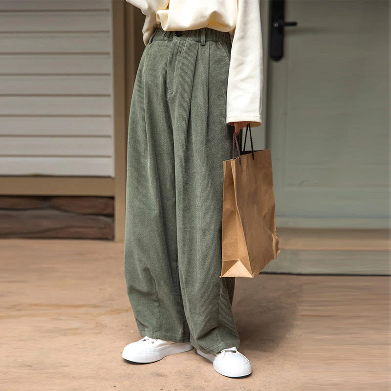 Pantaloni in velluto a coste di cotone con tasche e gamba larga, con cerniera e vita alta, da donna, Buddha Stones - Image 10