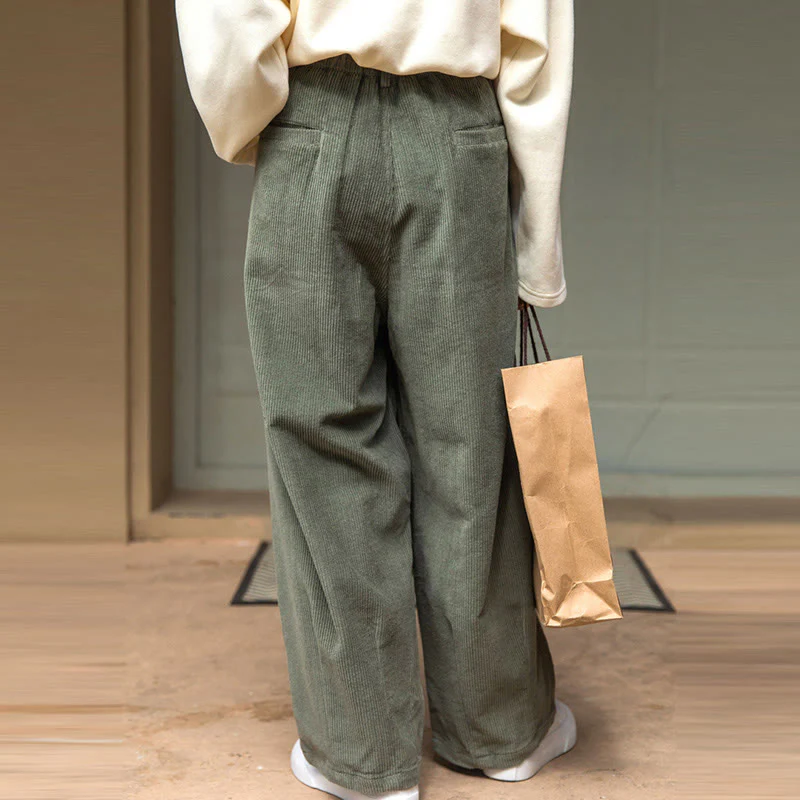 Pantaloni in velluto a coste di cotone con tasche e gamba larga, con cerniera e vita alta, da donna, Buddha Stones - Image 11