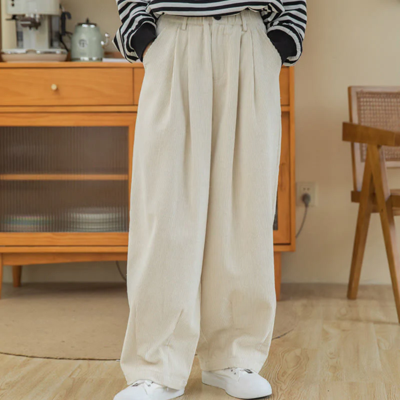 Pantaloni in velluto a coste di cotone con tasche e gamba larga, con cerniera e vita alta, da donna, Buddha Stones - Image 19