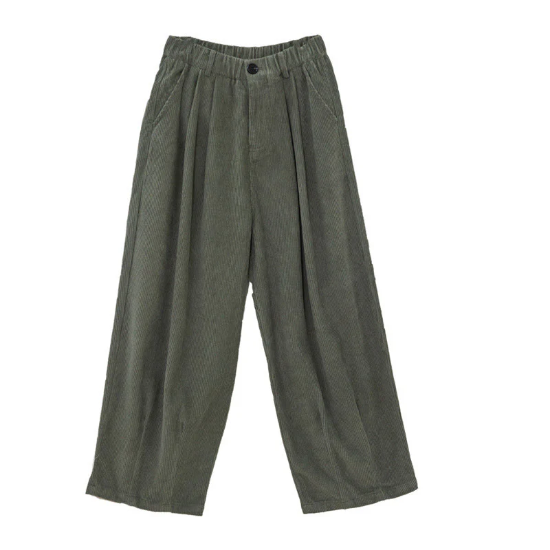 Pantaloni in velluto a coste di cotone con tasche e gamba larga, con cerniera e vita alta, da donna, Buddha Stones - Image 2