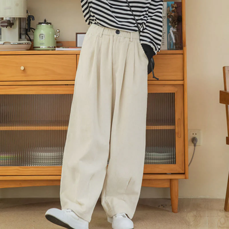 Pantaloni in velluto a coste di cotone con tasche e gamba larga, con cerniera e vita alta, da donna, Buddha Stones - Image 20