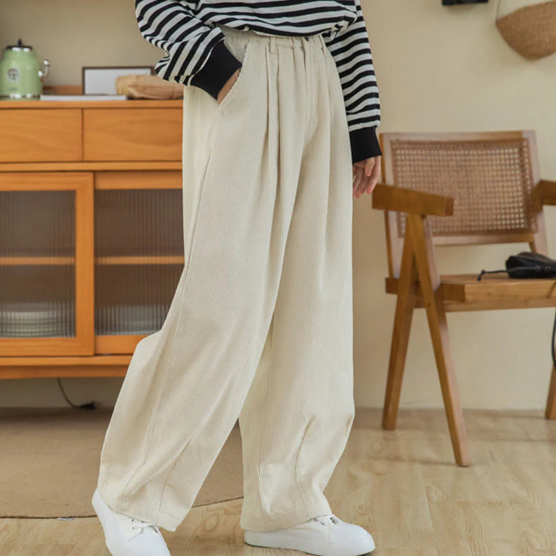 Pantaloni in velluto a coste di cotone con tasche e gamba larga, con cerniera e vita alta, da donna, Buddha Stones - Image 22
