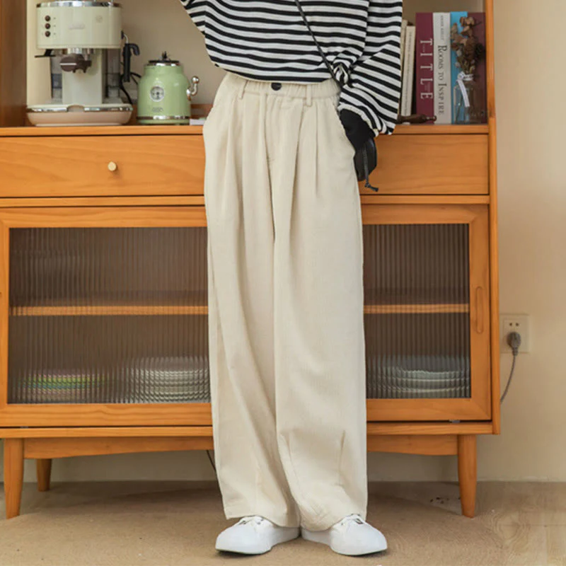 Pantaloni in velluto a coste di cotone con tasche e gamba larga, con cerniera e vita alta, da donna, Buddha Stones - Image 23
