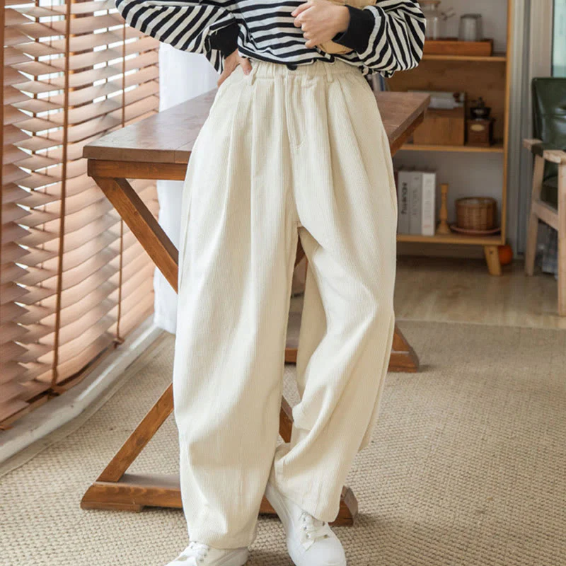 Pantaloni in velluto a coste di cotone con tasche e gamba larga, con cerniera e vita alta, da donna, Buddha Stones - Image 24