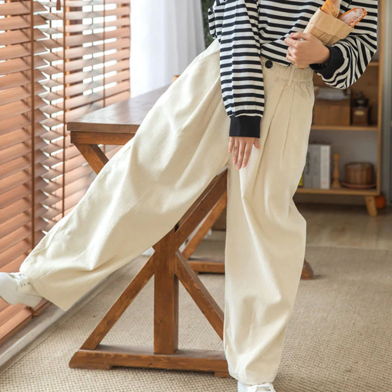 Pantaloni in velluto a coste di cotone con tasche e gamba larga, con cerniera e vita alta, da donna, Buddha Stones - Image 25