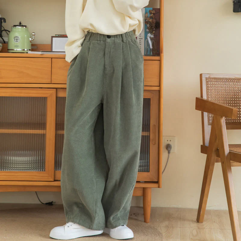 Pantaloni in velluto a coste di cotone con tasche e gamba larga, con cerniera e vita alta, da donna, Buddha Stones - Image 3