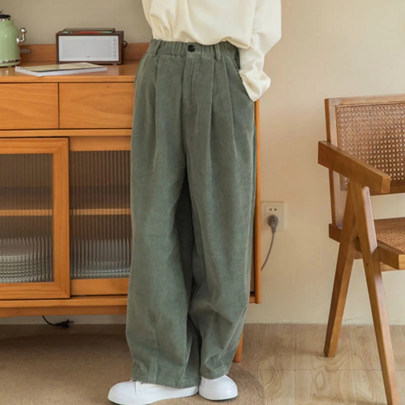 Pantaloni in velluto a coste di cotone con tasche e gamba larga, con cerniera e vita alta, da donna, Buddha Stones - Image 4