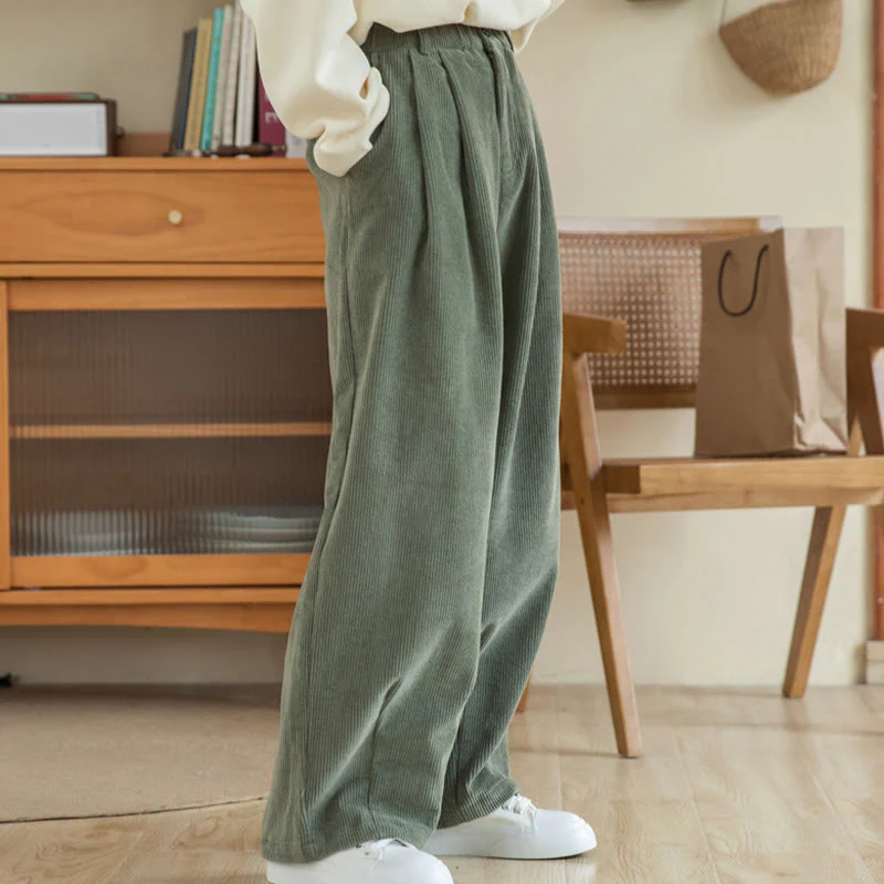 Pantaloni in velluto a coste di cotone con tasche e gamba larga, con cerniera e vita alta, da donna, Buddha Stones - Image 5
