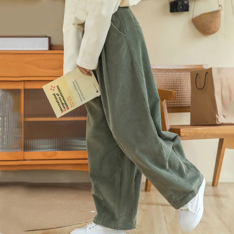 Pantaloni in velluto a coste di cotone con tasche e gamba larga, con cerniera e vita alta, da donna, Buddha Stones - Image 8