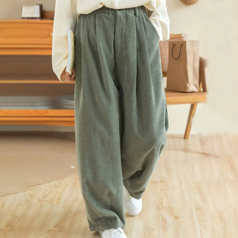 Pantaloni in velluto a coste di cotone con tasche e gamba larga, con cerniera e vita alta, da donna, Buddha Stones - Image 9