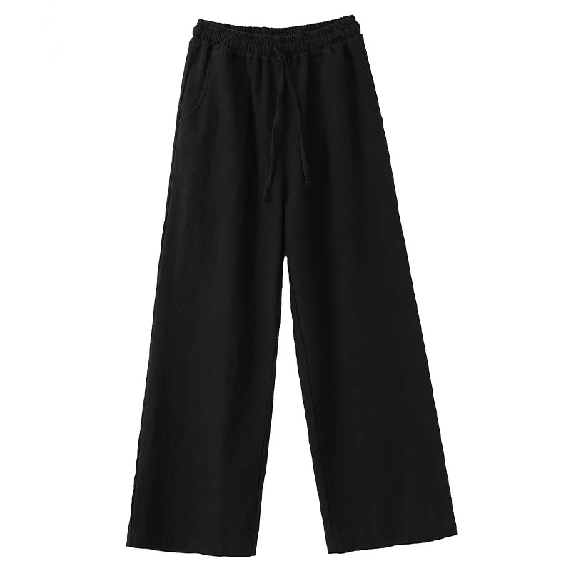 Pantaloni larghi a gamba dritta casual semplici Buddha Stones da donna in cotone ramiè con tasche - Image 10