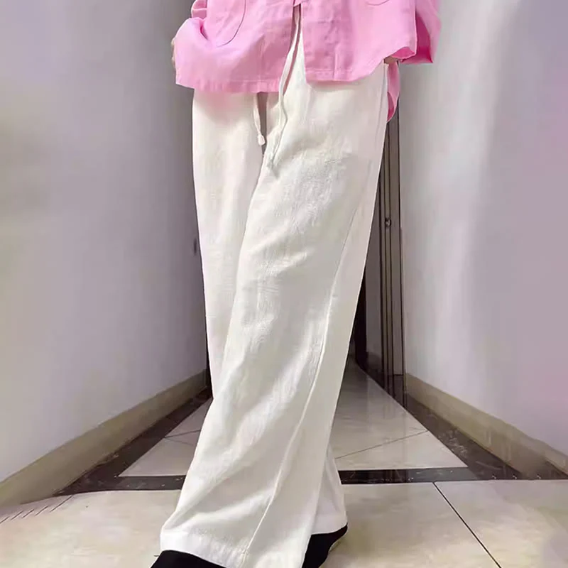 Pantaloni larghi a gamba dritta casual semplici Buddha Stones da donna in cotone ramiè con tasche - Image 11