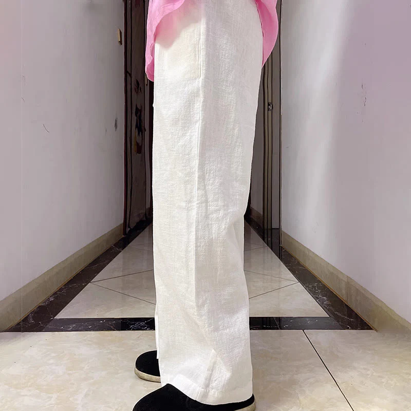 Pantaloni larghi a gamba dritta casual semplici Buddha Stones da donna in cotone ramiè con tasche - Image 12