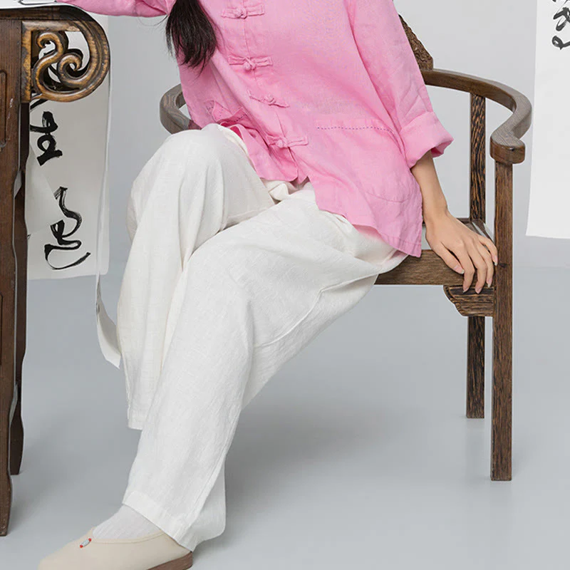 Pantaloni larghi a gamba dritta casual semplici Buddha Stones da donna in cotone ramiè con tasche - Image 13