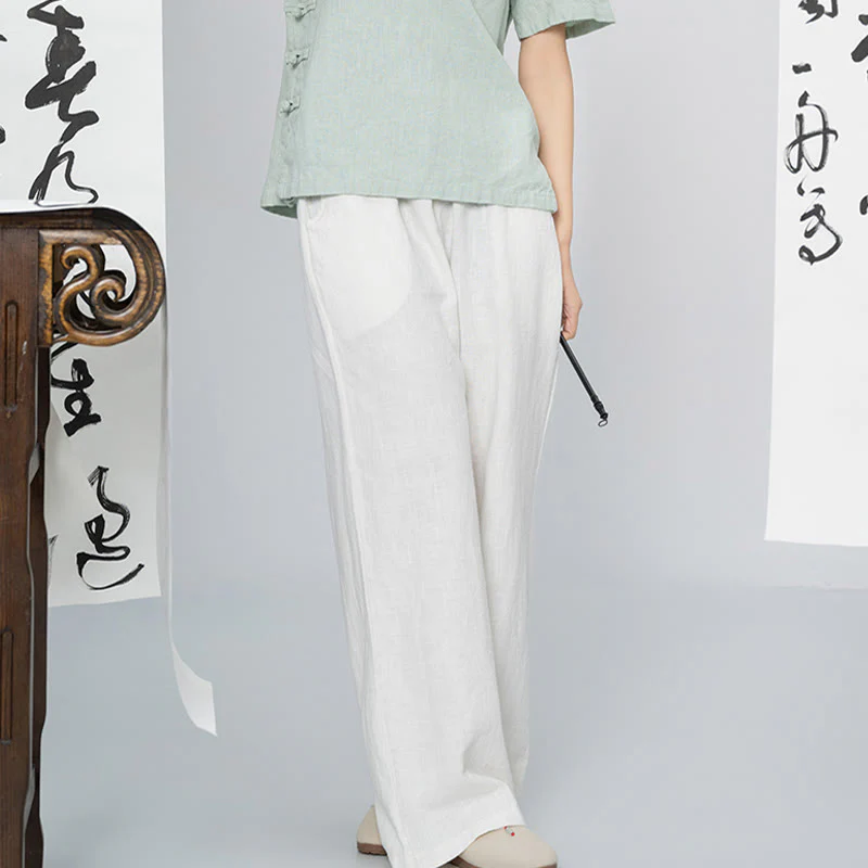 Pantaloni larghi a gamba dritta casual semplici Buddha Stones da donna in cotone ramiè con tasche - Image 14