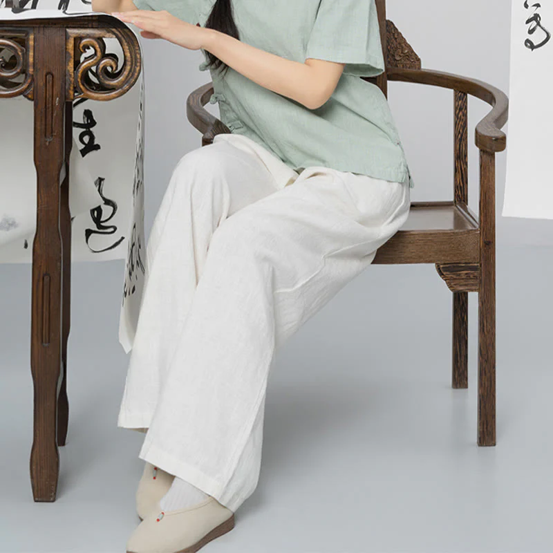 Pantaloni larghi a gamba dritta casual semplici Buddha Stones da donna in cotone ramiè con tasche - Image 15