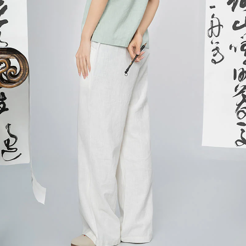 Pantaloni larghi a gamba dritta casual semplici Buddha Stones da donna in cotone ramiè con tasche - Image 16