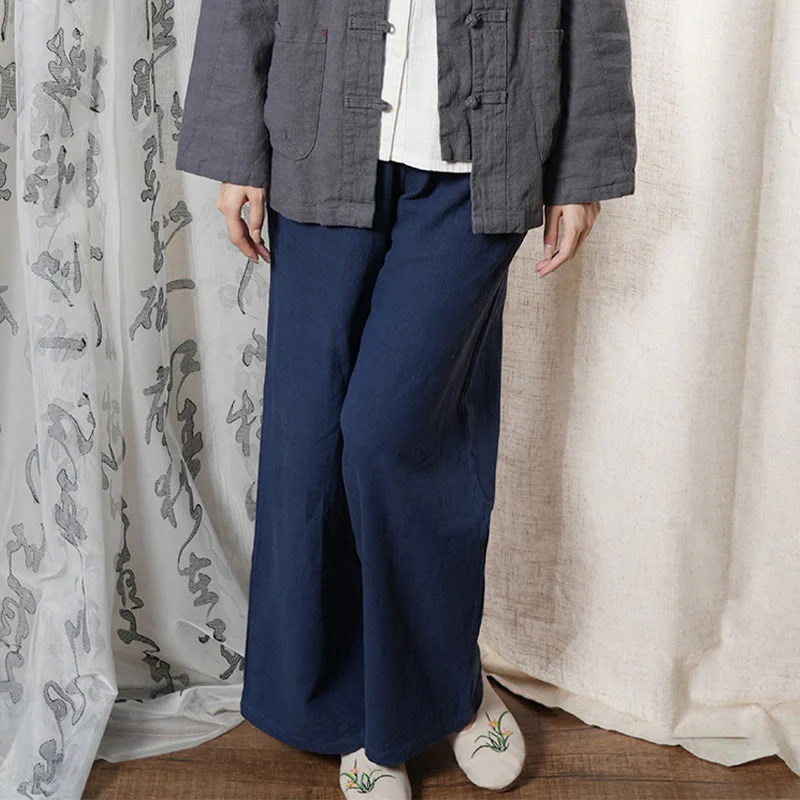 Pantaloni larghi a gamba dritta casual semplici Buddha Stones da donna in cotone ramiè con tasche - Image 18