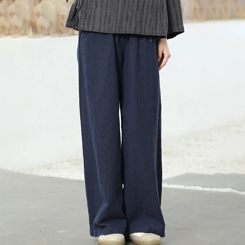 Pantaloni larghi a gamba dritta casual semplici Buddha Stones da donna in cotone ramiè con tasche - Image 19