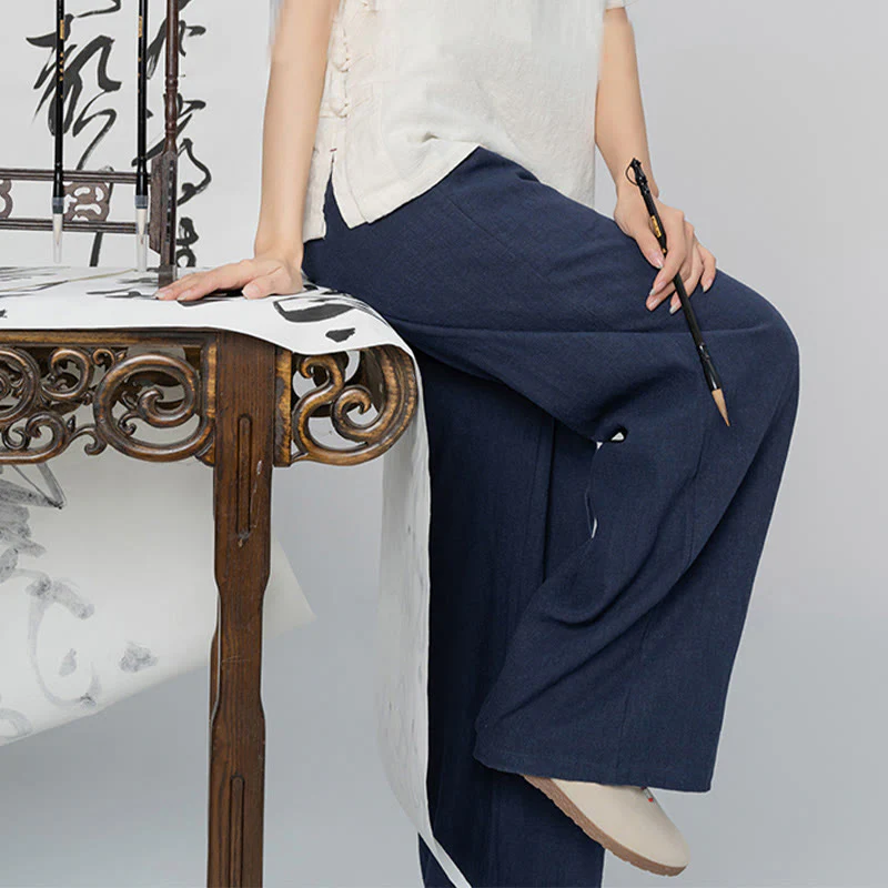 Pantaloni larghi a gamba dritta casual semplici Buddha Stones da donna in cotone ramiè con tasche - Image 20
