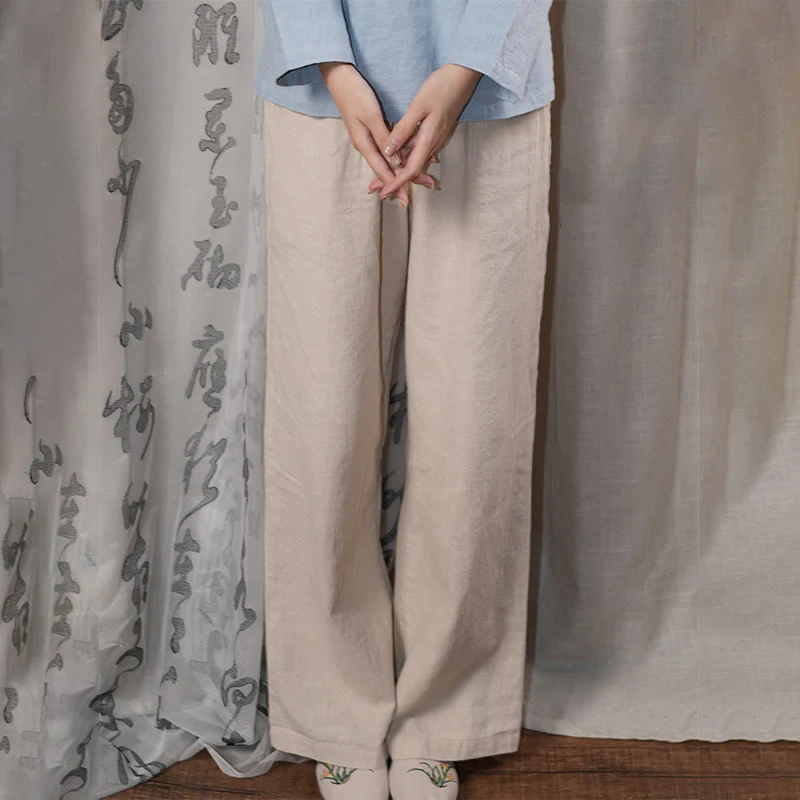 Pantaloni larghi a gamba dritta casual semplici Buddha Stones da donna in cotone ramiè con tasche - Image 23