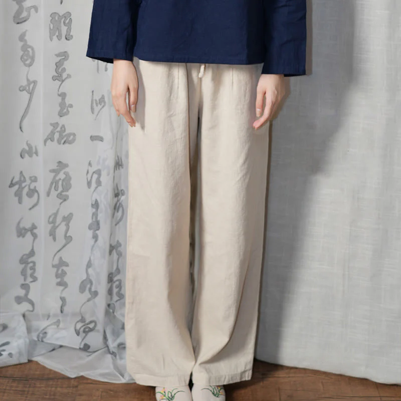 Pantaloni larghi a gamba dritta casual semplici Buddha Stones da donna in cotone ramiè con tasche - Image 24