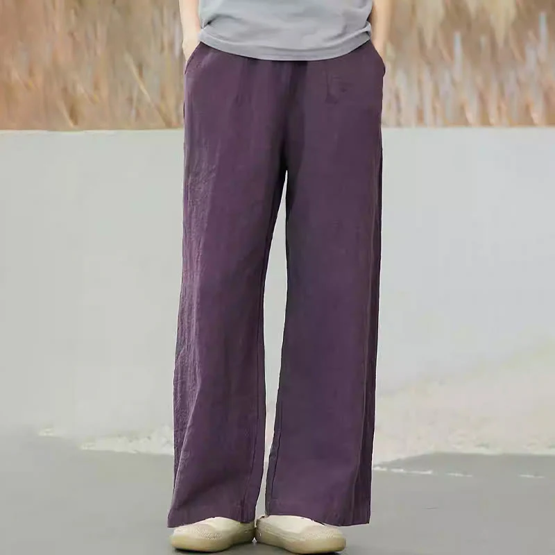 Pantaloni larghi a gamba dritta casual semplici Buddha Stones da donna in cotone ramiè con tasche - Image 3