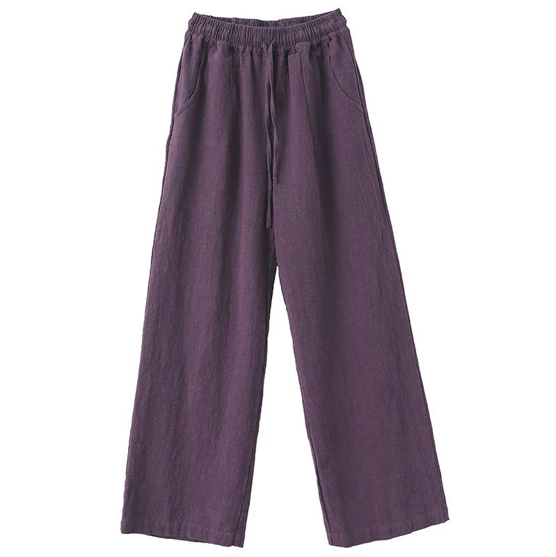 Pantaloni larghi a gamba dritta casual semplici Buddha Stones da donna in cotone ramiè con tasche - Image 4