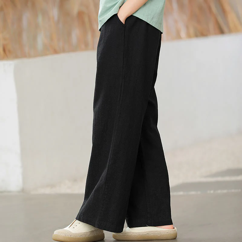 Pantaloni larghi a gamba dritta casual semplici Buddha Stones da donna in cotone ramiè con tasche - Image 9