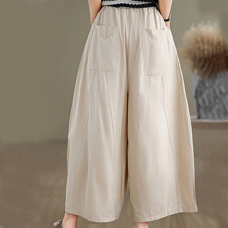 Pantaloni larghi da donna Buddha Stones, casual, in cotone tinta unita, con tasche, lunghezza 7-8 - Image 5