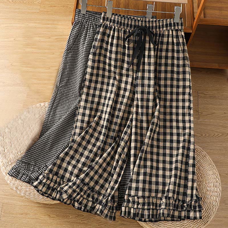 Pantaloni larghi da donna Buddha Stones in cotone casual con cuciture a griglia, lunghezza 7-8, con tasche - Image 16