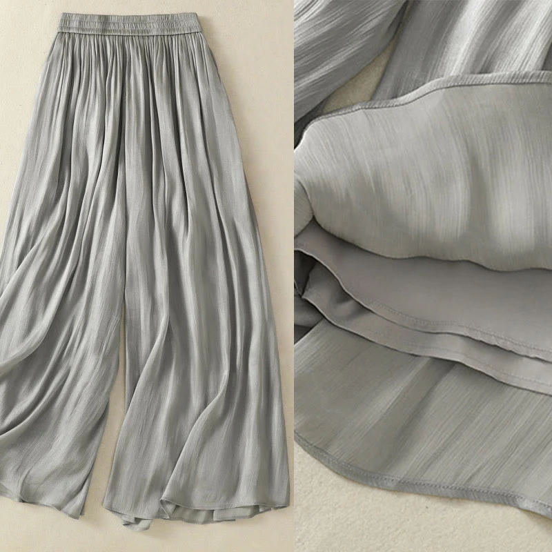 Pantaloni larghi da donna con elastico in vita, modello plissettato grigio chiaro, con tasche e motivo Buddha Stones - Image 5