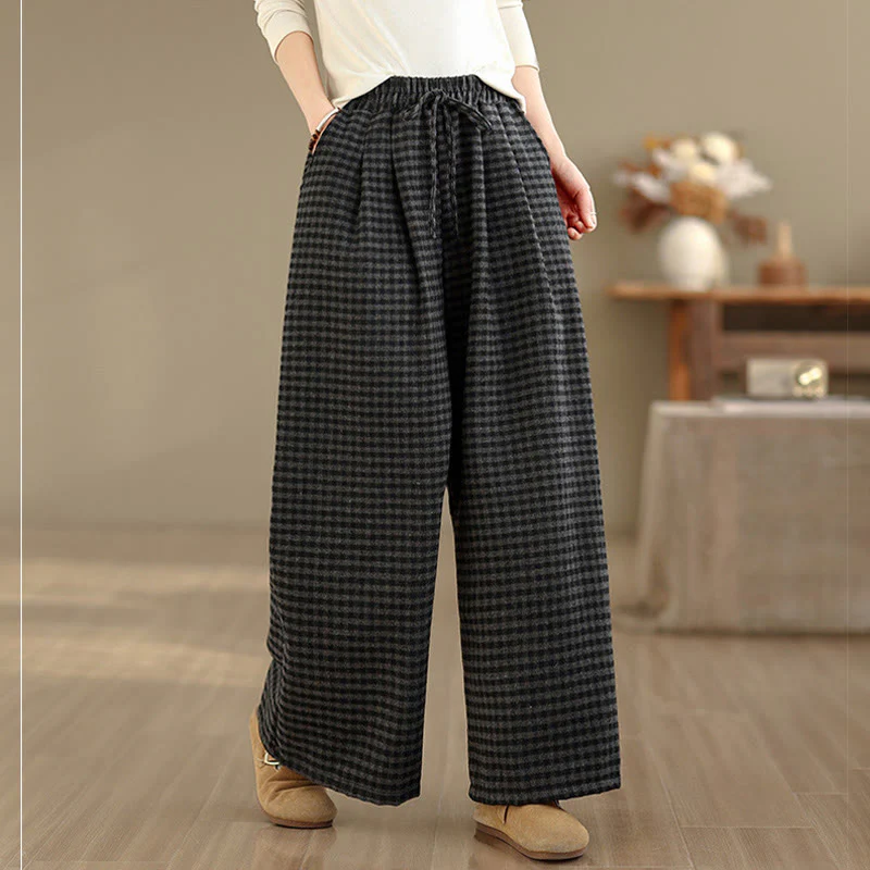 Pantaloni larghi da donna con tasche e motivo scozzese casual Buddha Stones - Image 3