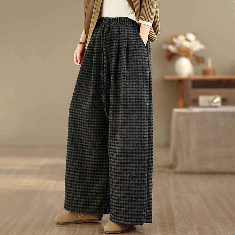 Pantaloni larghi da donna con tasche e motivo scozzese casual Buddha Stones - Image 4