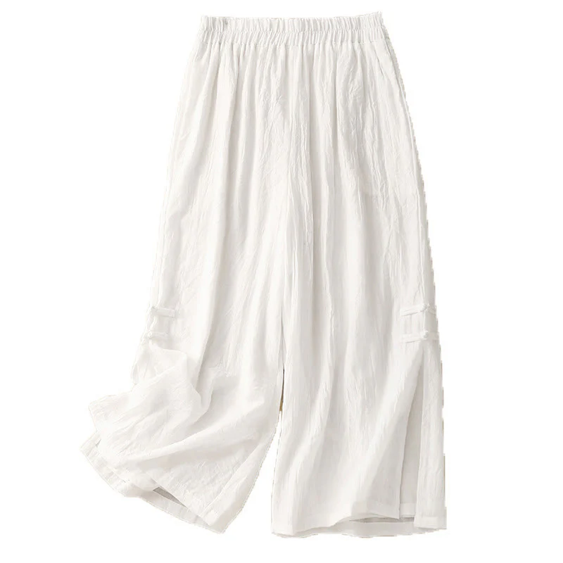 Pantaloni larghi da donna in cotone e lino con bottoni cinesi, tinta unita , Buddha Stones - Image 10