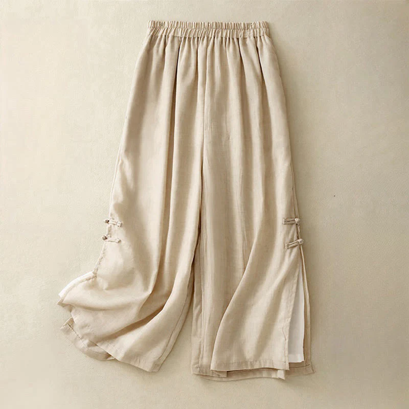Pantaloni larghi da donna in cotone e lino con bottoni cinesi, tinta unita , Buddha Stones - Image 11