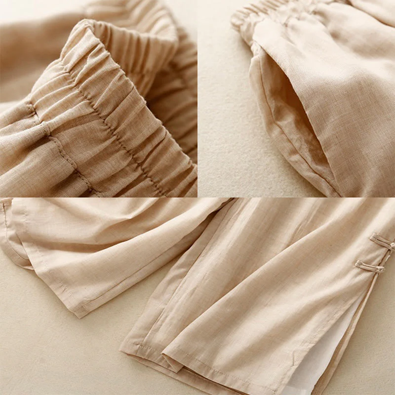 Pantaloni larghi da donna in cotone e lino con bottoni cinesi, tinta unita , Buddha Stones - Image 17