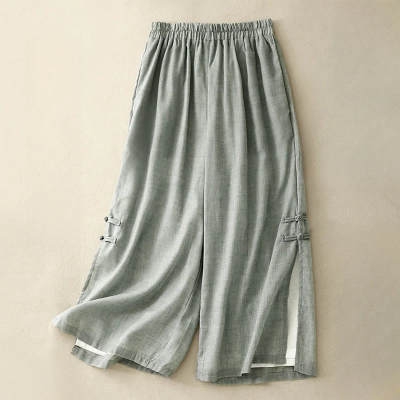 Pantaloni larghi da donna in cotone e lino con bottoni cinesi, tinta unita , Buddha Stones - Image 18